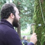 Helping Hands for Heritage volunteer at Tamar Valley AONB learning how to tag ash trees, and contribute towards the Living Ash Project