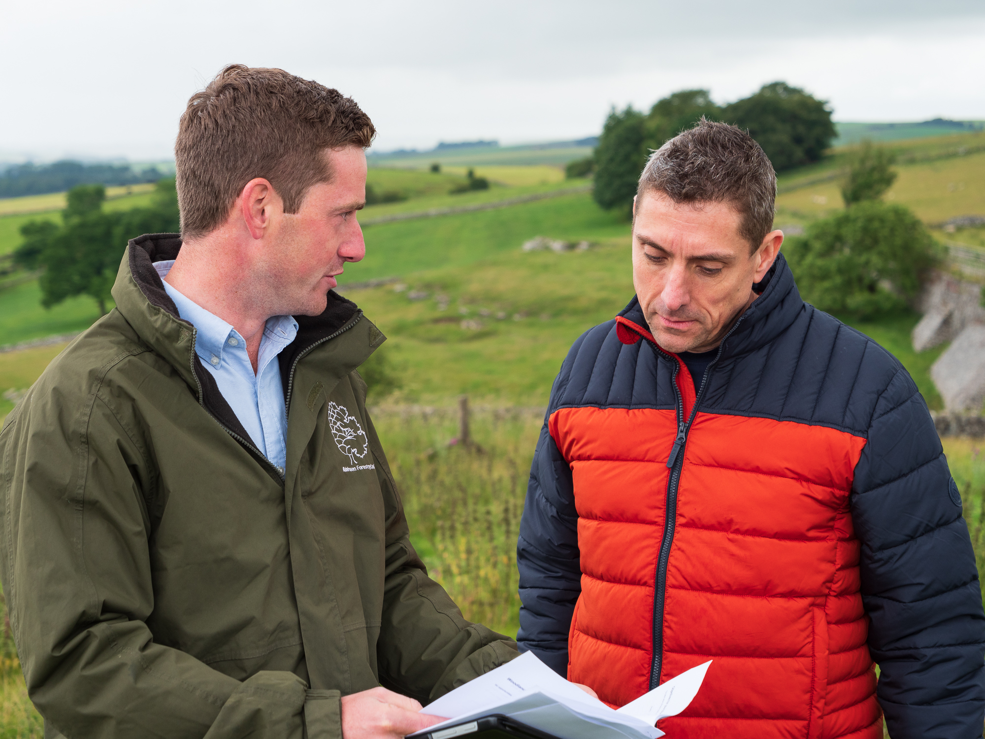 PIES project advisor Charles Robinson discusses a woodland creation project with Derbyshire landowner Phil.